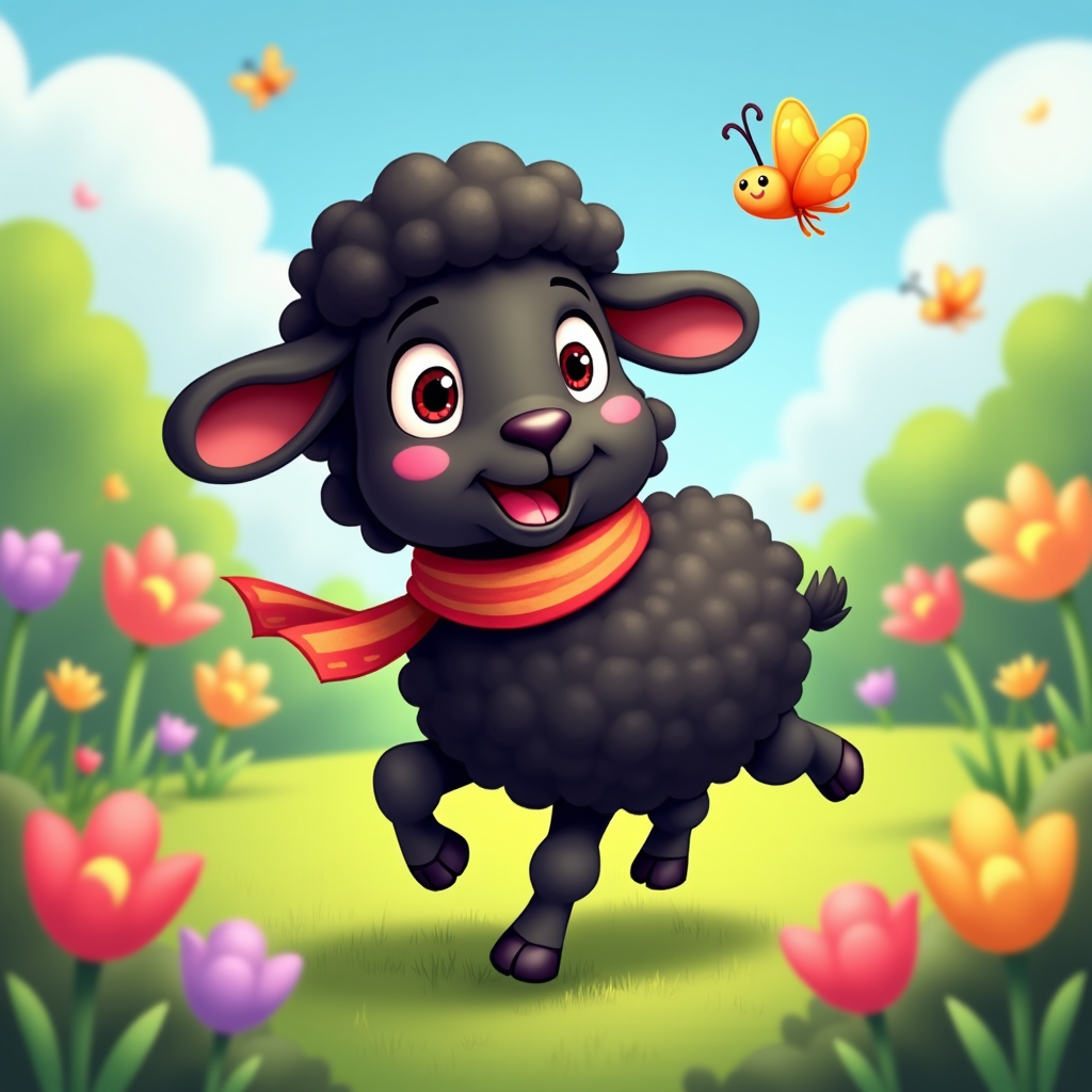 The image shows a cartoon black sheep with a red scarf running through a field of flowers, grass, plants, and trees, with a butterfly flying in the sky above.