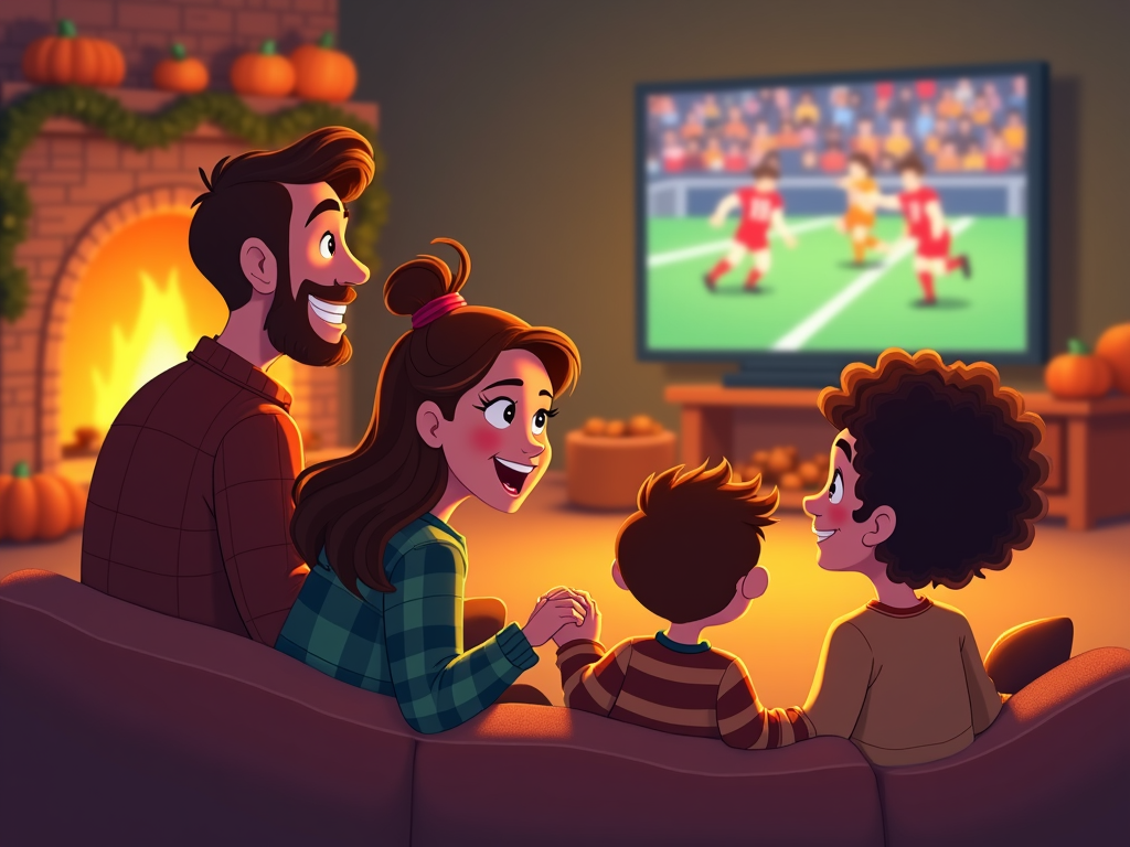 A family gathered in the living room, watching Thanksgiving football on a big screen TV, with a fireplace glowing warmly nearby.