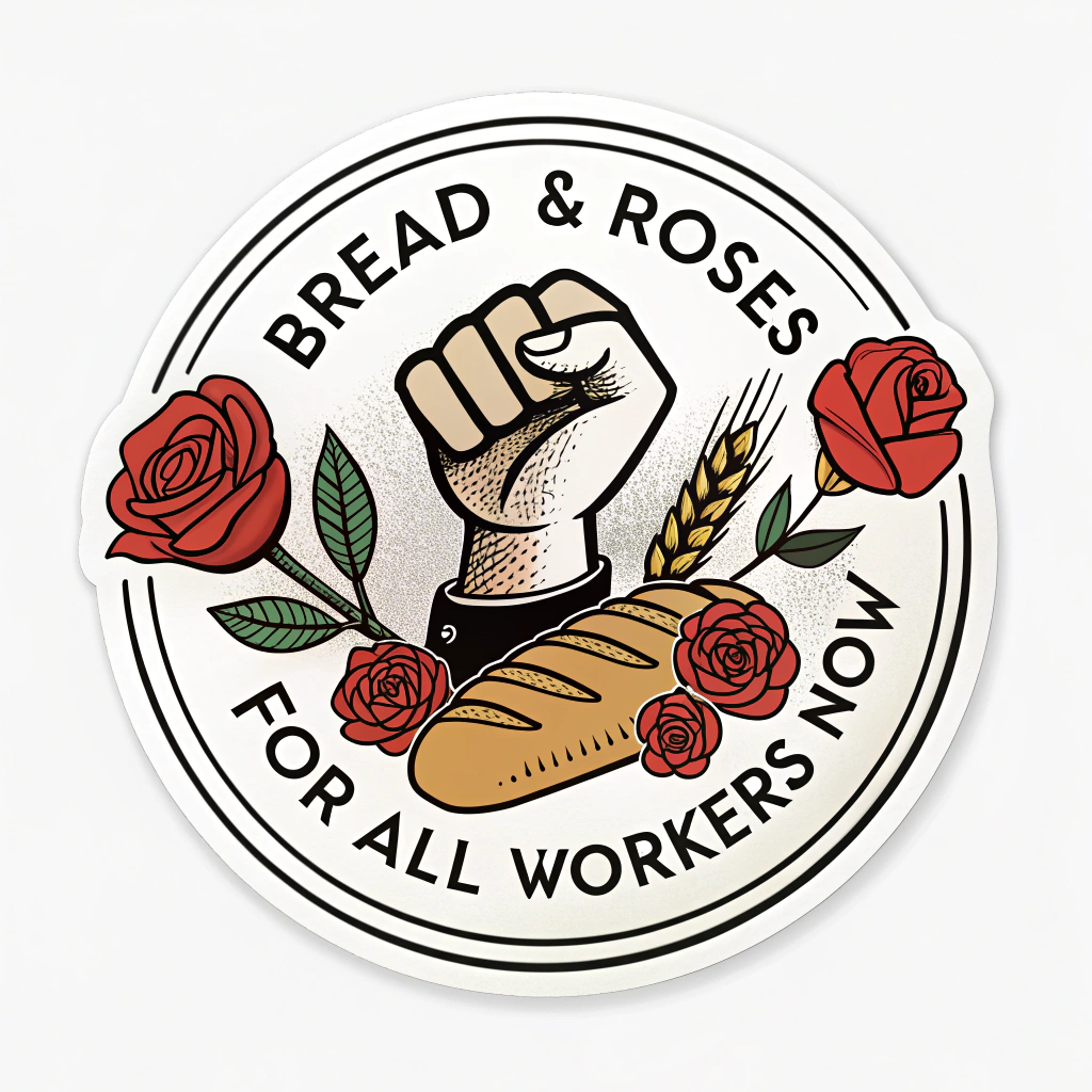 Sub Design Idea 3: Solidarity Symbolism - Integrates a classic protest symbol (e.g., raised fist, gear) with the bread and rose motifs. The full text 'Bread & Roses: For All Workers Now' is incorporated, possibly in a circular or banner layout. Stark, high-contrast colors suitable for protest.