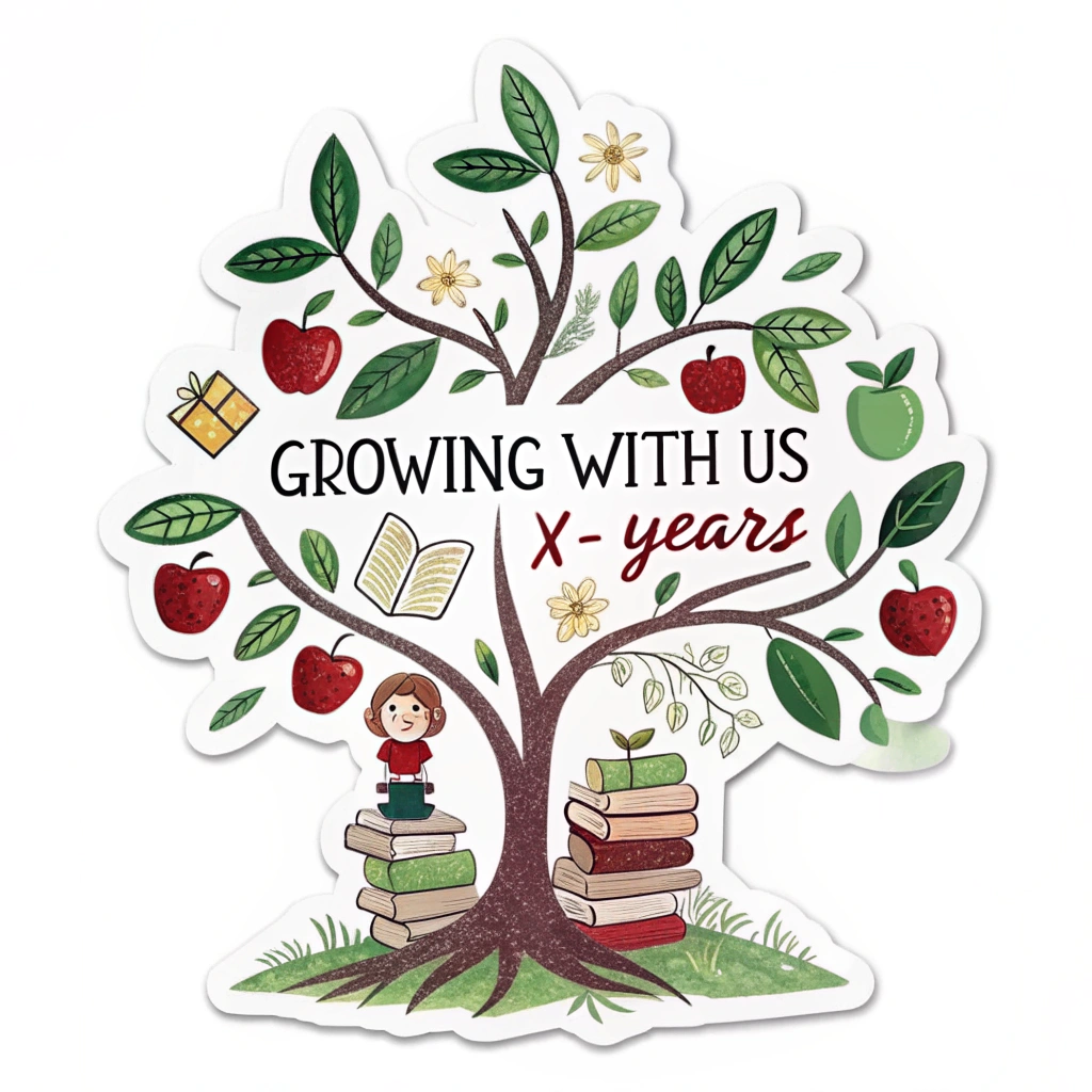 Sticker Design Idea 1: 'Growing with Us [X] Years' - Features a flourishing plant or tree, with the number of years integrated. Leaves can represent small books or apples, symbolizing growth and sustained contribution to education.