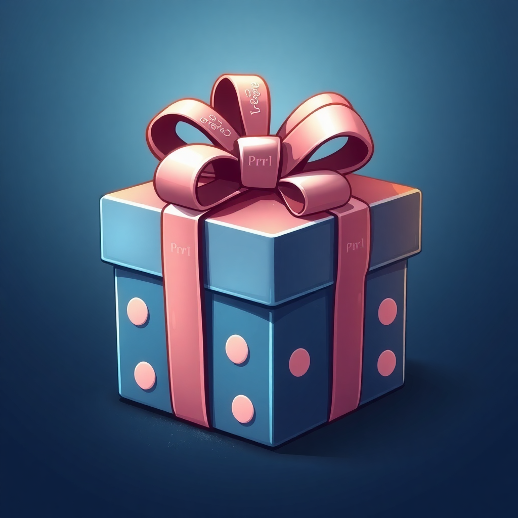 The image is a digital illustration of a gift box. The box is rectangular in shape and has a blue base with pink polka dots on it. It is tied with a large pink ribbon that is tied in a bow at the top. The ribbon has the word PR1 written on it in white letters. The background is a solid blue color. The overall style of the image is simple and cartoon-like.