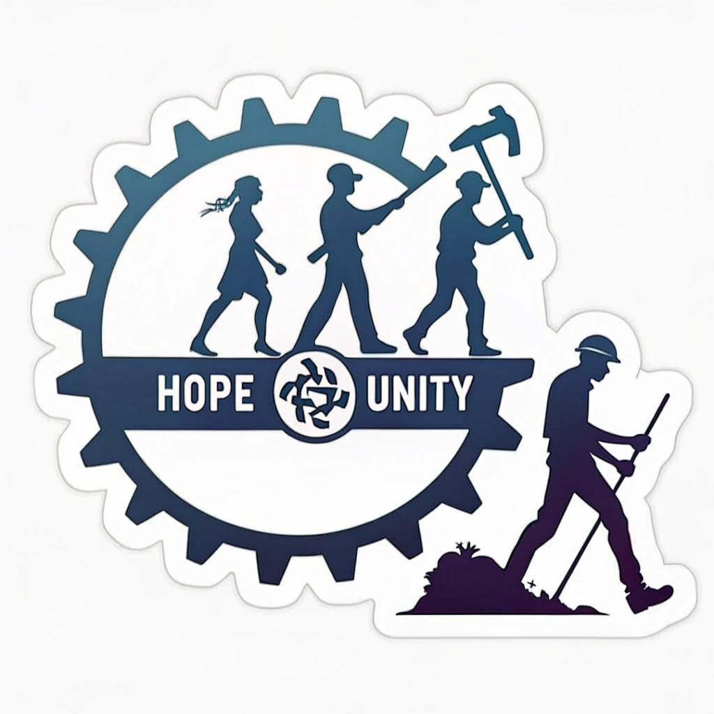 Sub-design 4: Marching worker silhouettes created using negative space within a larger, impactful shape such as a circle (representing unity), a gear (industry), or even forming the letters of a word like 'HOPE' or 'UNITY'.