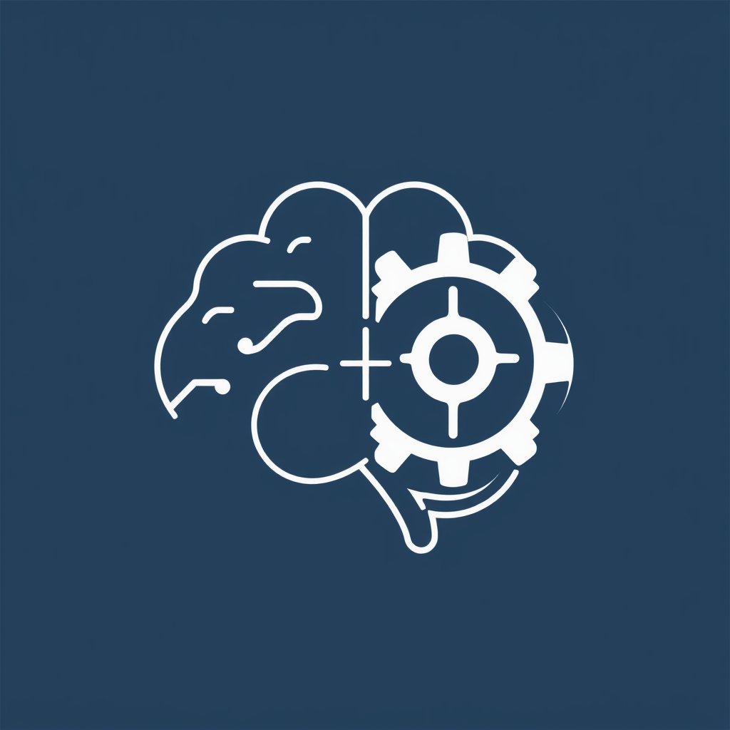 Simple Icon Idea: A minimalist icon blending a brain outline with a gear or circuit board pattern on one side, possibly with a small central spark or plus symbol to signify the creative synergy and generative output.