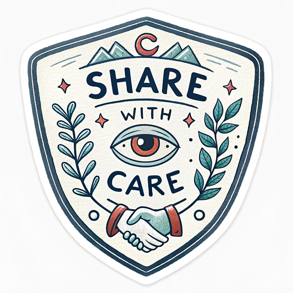 A shield icon with a prominent 'eye' in the center, symbolizing awareness, with the text 'Share with Care' wrapped around it.