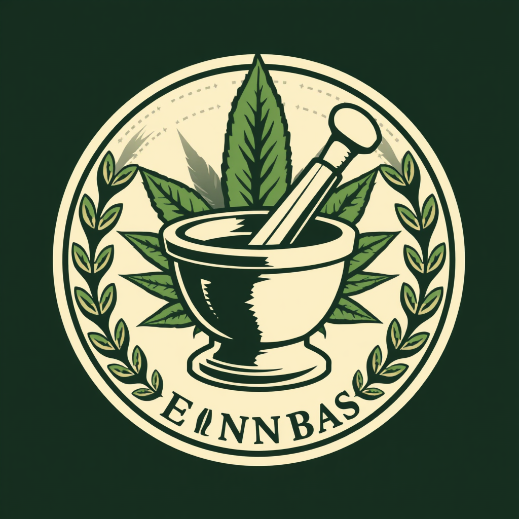 Sub Design Idea 5: Emblematic Composition - The mortar and pestle are central, with a cannabis leaf serving as a background element (like a crest or part of a wreath) or integrated within a circular or shield-shaped emblem for a classic, established feel.