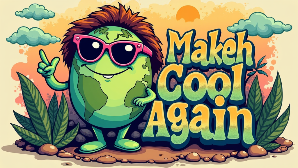 A 1970s groovy Earth character wearing oversized sunglasses and flashing a peace sign, with the slogan 'Make Earth Cool Again' in a bubbly, psychedelic font. Use a color palette of earthy greens and blues accented with bright orange, yellow, and pink.