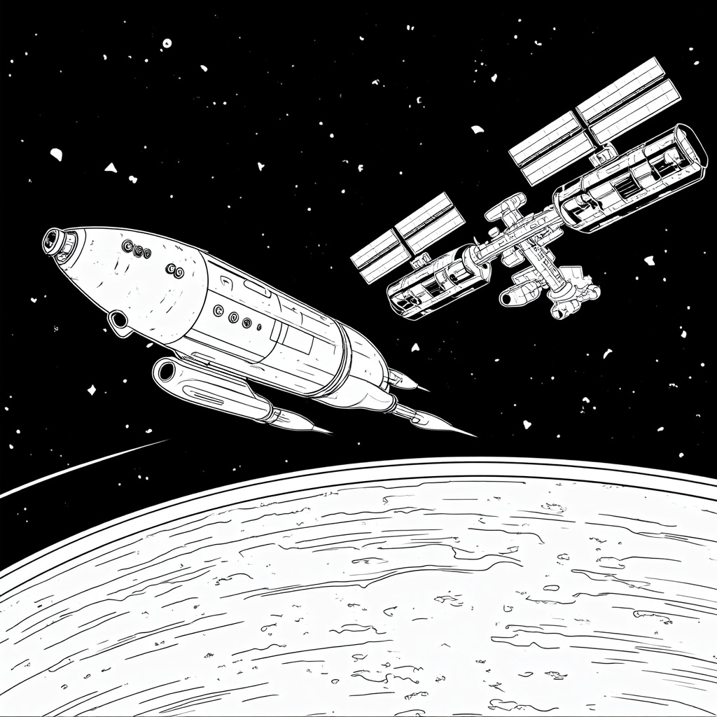 Coloring Page: Starliner capsule in the foreground with its thrusters gently firing, approaching a detailed International Space Station (ISS) in the background, with the Earth's curvature visible below and stars scattered across the blackness of space.