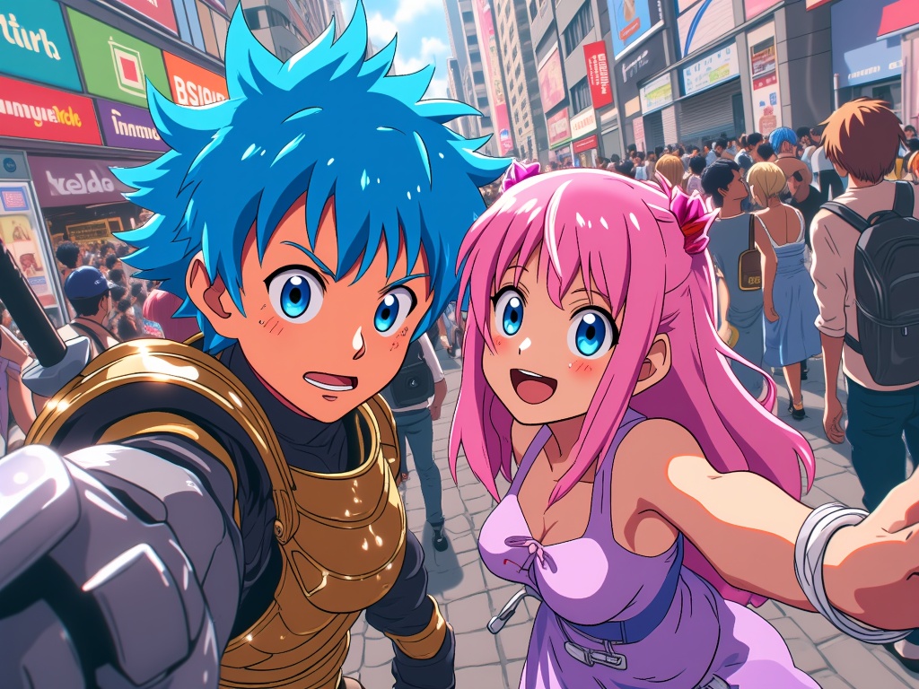 Illustrations depicting popular anime characters as detailed cosplayers attending MomoCon, shown interacting with the convention environment or con-goers.