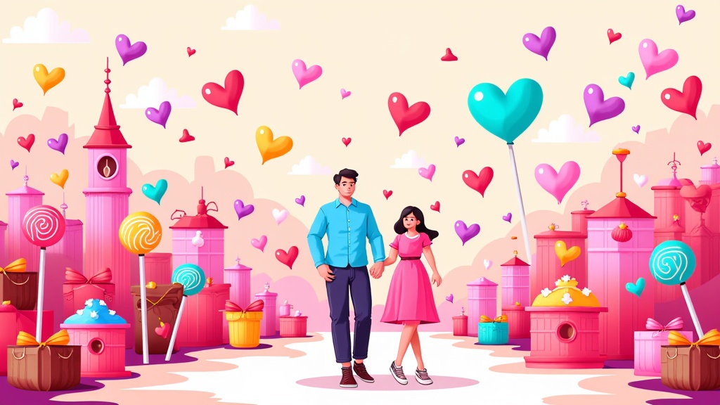 A whimsical city skyline composed of candy hearts and chocolate boxes, with a couple holding hands walking down a lollipop lane.