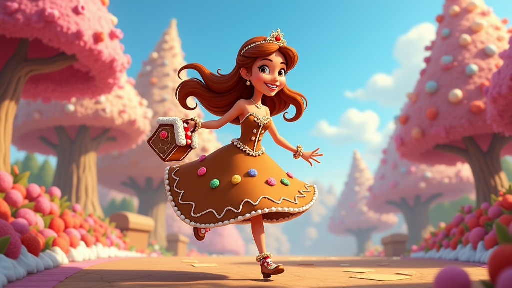 A princess with a dress that appears to be made of gingerbread, wearing a candy cane bracelet, and carrying a gingerbread house purse.