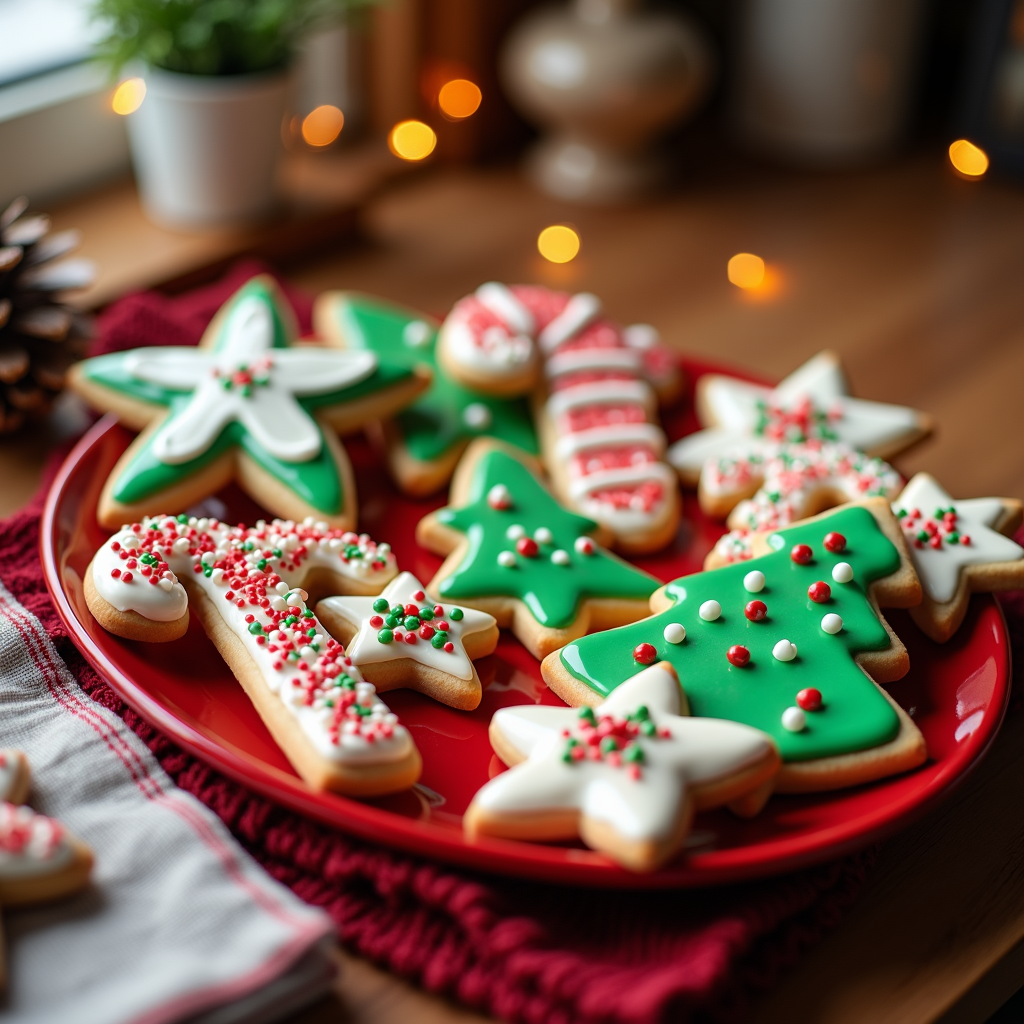  a red plate with several decorated Christmas cookies on it. The cookies are in the shape of Christmas trees, star-shaped cookies, and candy canes. The plate is placed on a wooden table with a red and white striped napkin and a small potted plant in the background. There are also some pine cones scattered around the table. The background is blurred, but it appears to be a kitchen countertop with a window and some lights. The overall mood of the image is festive and cozy.