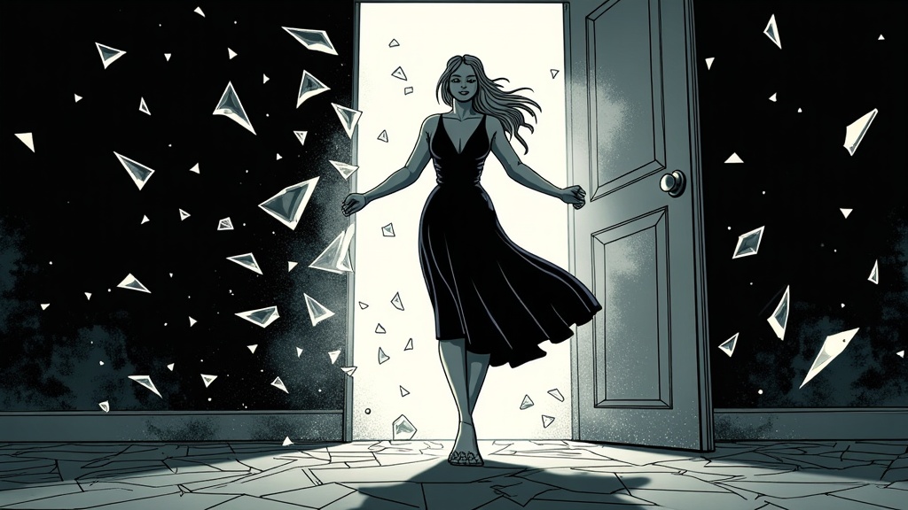 A woman stepping through a shattered doorway.