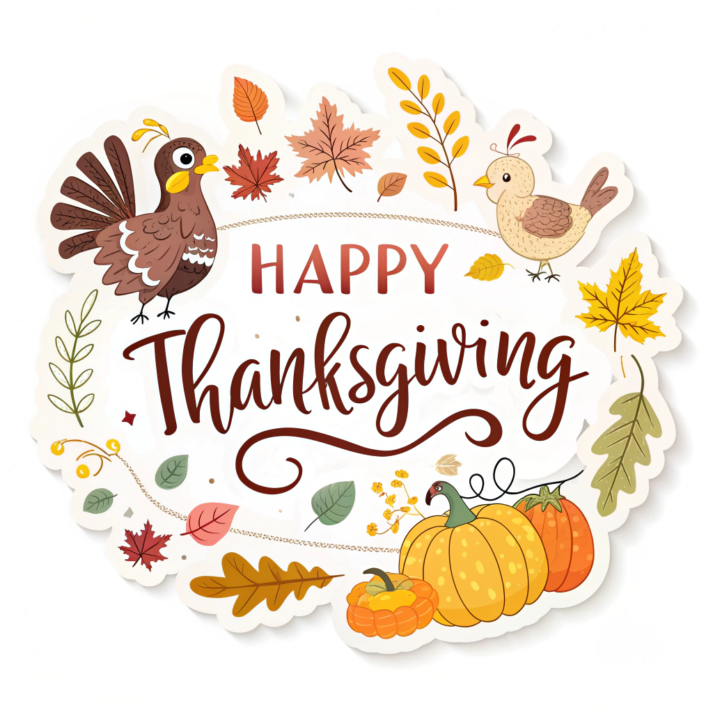 The image shows a happy Thanksgiving card with a turkey and pumpkins surrounded by leaves and text. The card is decorated with a variety of autumnal colors, such as oranges, yellows, and reds, and the turkey is perched atop a branch with its wings spread wide. The text reads 