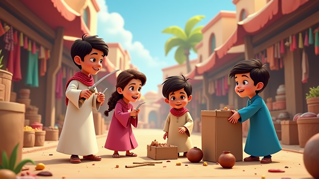 Create a cartoon centered around a group of Qatari children who use their imaginations to transform everyday objects into elements from their favorite traditional games, encouraging creative play.