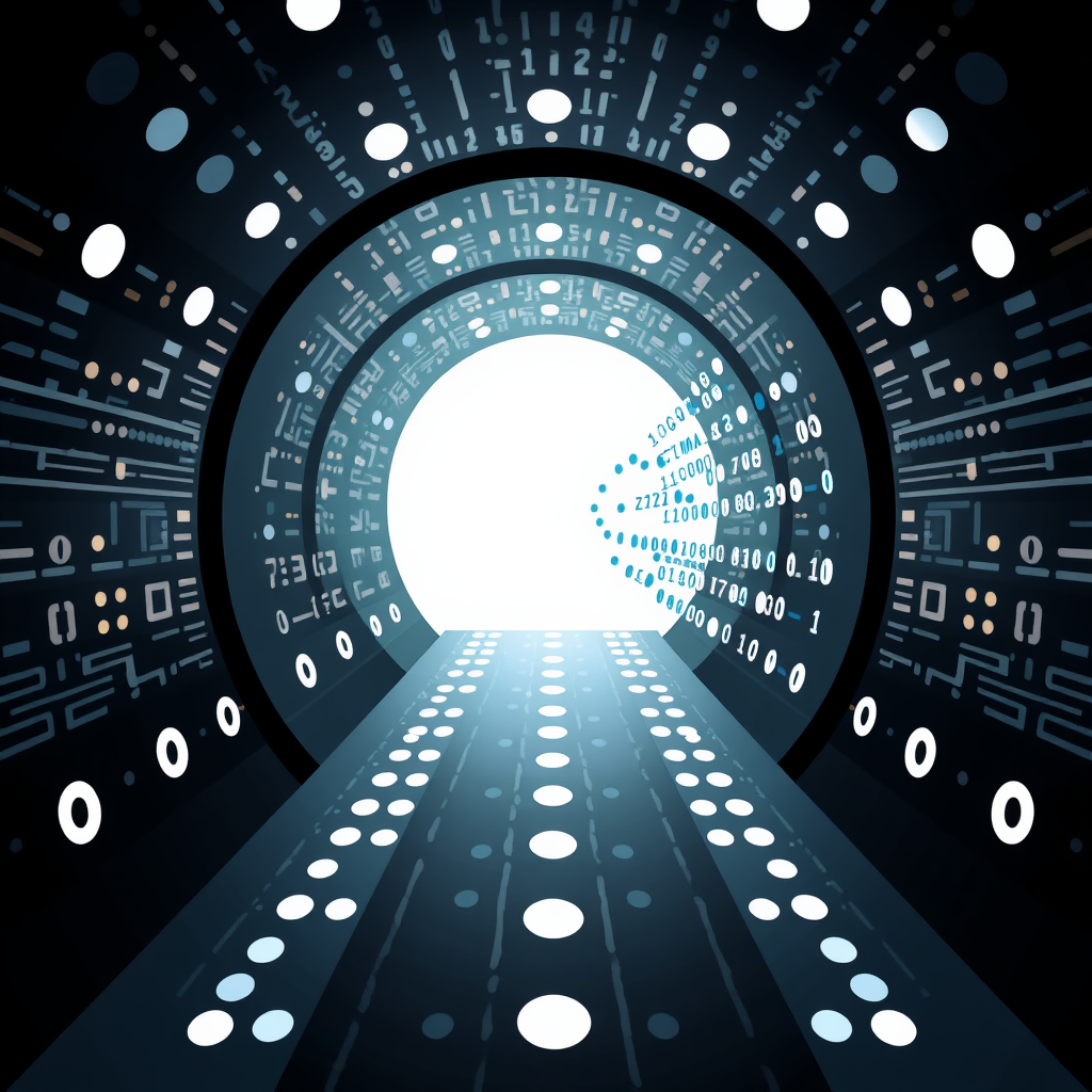 Sub-design Idea 3 (Abstract Cipher Tunnel): Data bits (e.g., simplified 0s and 1s or dots) entering one end of a conceptual tunnel. The tunnel's internal surface is textured with abstract cryptographic patterns. The data bits exiting the other end are visually transformed (e.g., coalesced, different color/shape) representing secure, encrypted data.