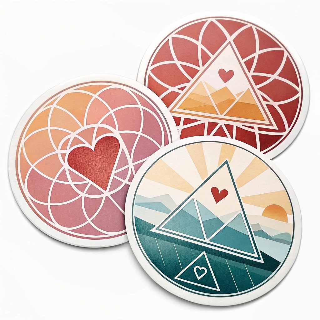 Stickers with geometric designs, like overlapping circles and triangles, using soft gradients of color to evoke a sense of warmth and affection.