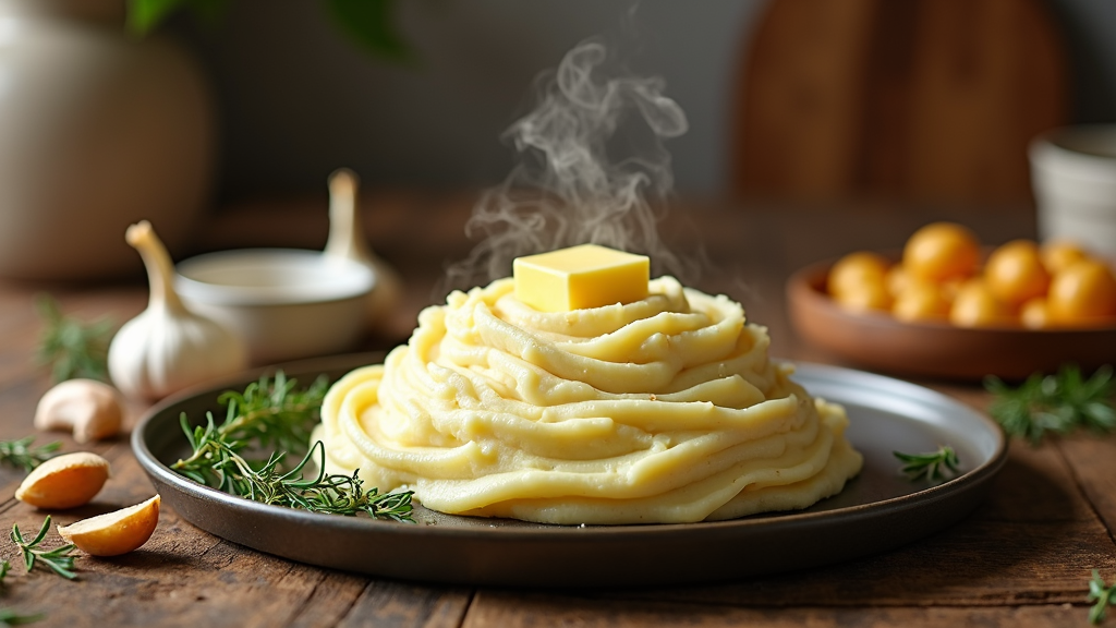 A rustic scene featuring mashed potatoes piled high next to toasted garlic bulbs and thyme sprigs, with steam rising from the fresh dish.