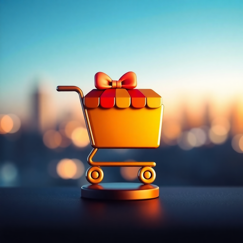 The image is a digital illustration of a shopping cart with a gift box in it. The shopping cart is orange in color and has a red bow on top. The background is blurred, but it appears to be a cityscape with buildings and lights. The sky is blue and the overall mood of the image is bright and cheerful.