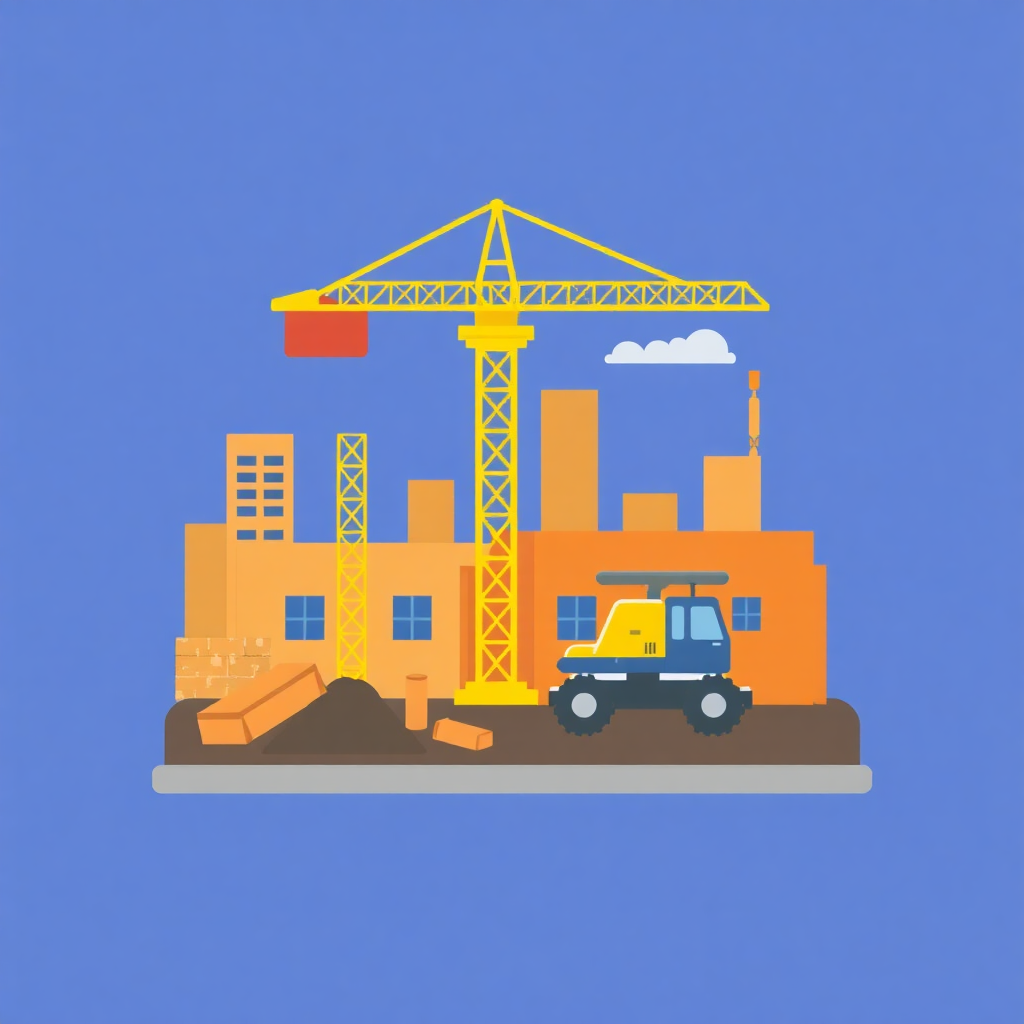 The image is an illustration of a construction site with a large yellow tower crane in the center. The tower crane is tall and has multiple arms extending from it. It is positioned in front of a building under construction. The building is orange in color and appears to be made of brick or concrete. There is a blue excavator parked next to the tower crane. The sky is blue and there are a few clouds in the background. The ground is covered in dirt and there is a pile of bricks on the left side of the image.