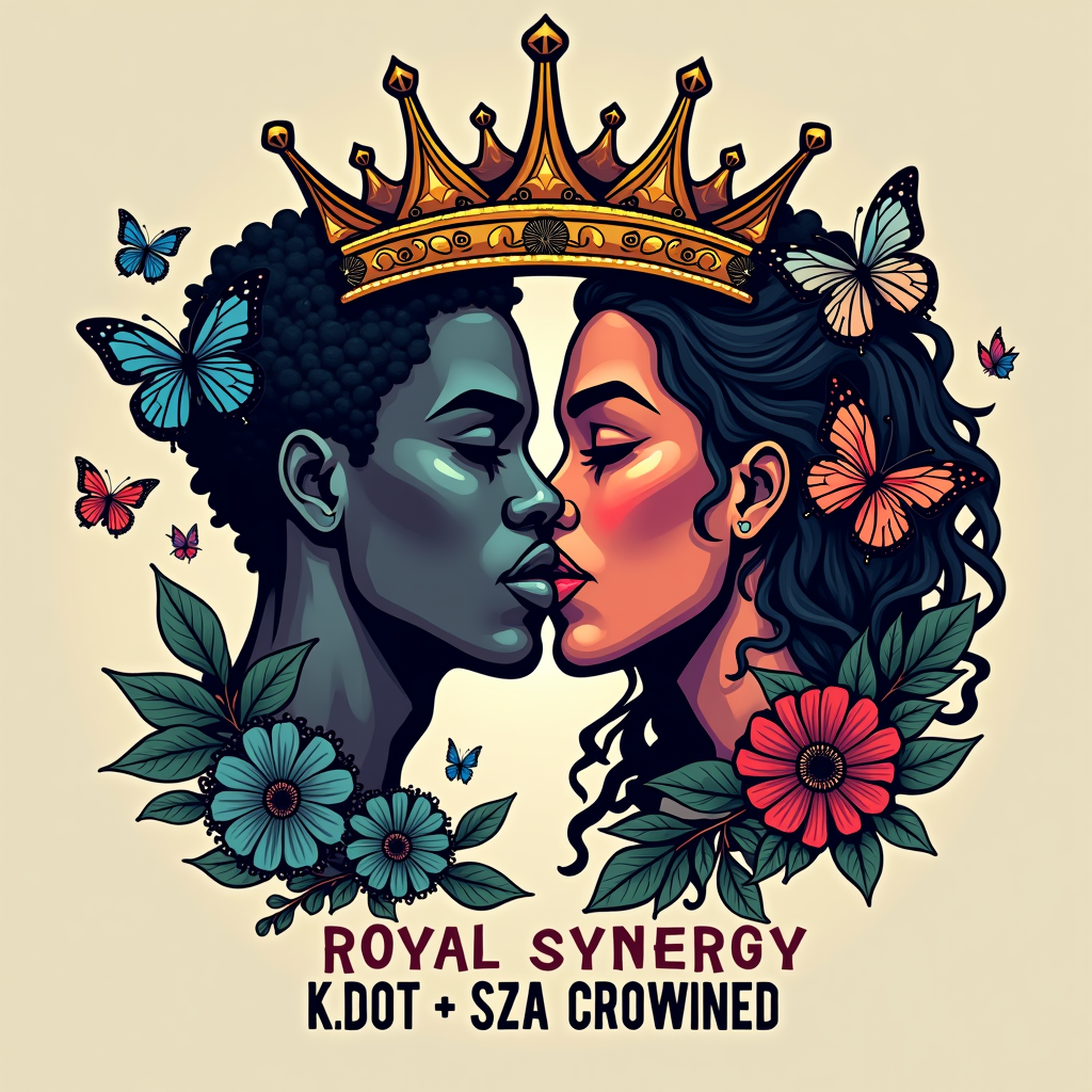 Split Crown Fusion: A design where two distinct crown halves, one representing Kendrick Lamar's aesthetic (e.g., sharp, geometric lines, perhaps referencing TDE or pgLang symbols) and the other SZA's style (e.g., flowing, natural elements, butterflies from 'Ctrl' era), merge seamlessly in the center. The text 'ROYAL SYNERGY' could be below or arching over the combined crown, with 'K.DOT & SZA CROWNED' as a smaller subtitle.