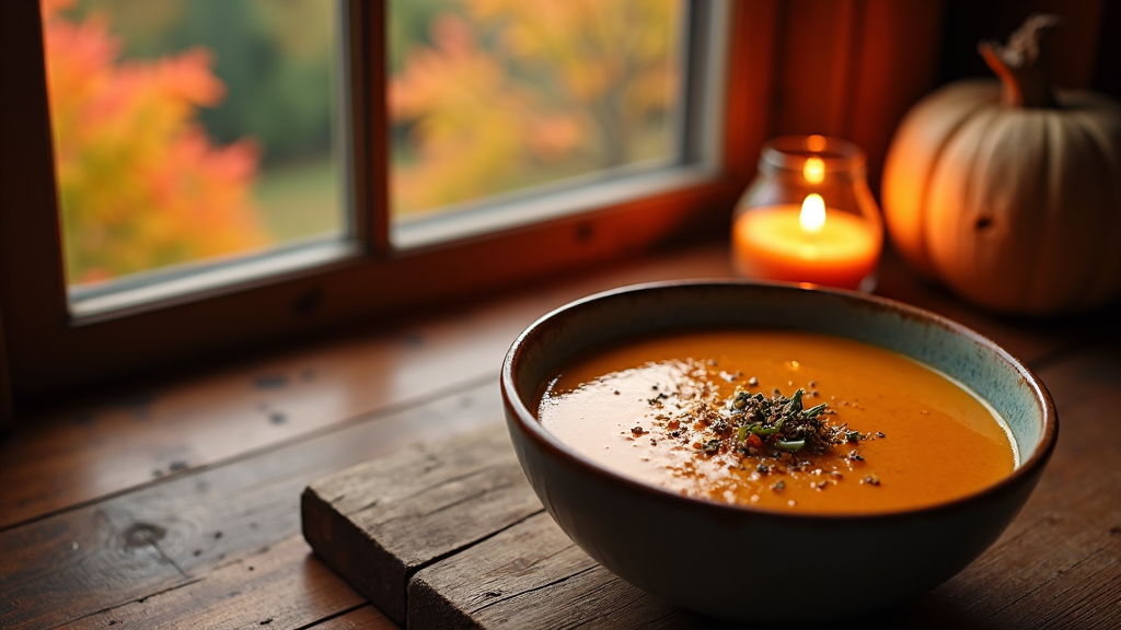 A warm bowl of pumpkin soup rests on a wooden table next to a flickering candle, with a fall landscape visible through the window.