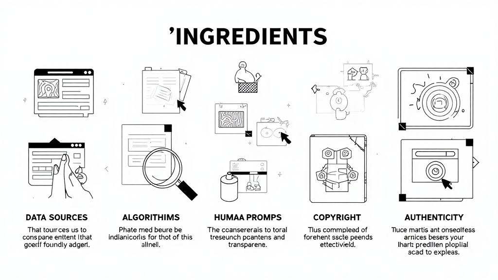 An infographic-style design breaking down the 'ingredients' of an AI artwork: showing data sources, algorithms, and human prompts, with callouts for potential ethical pitfalls (bias, copyright) and markers for authenticity (transparency, originality).