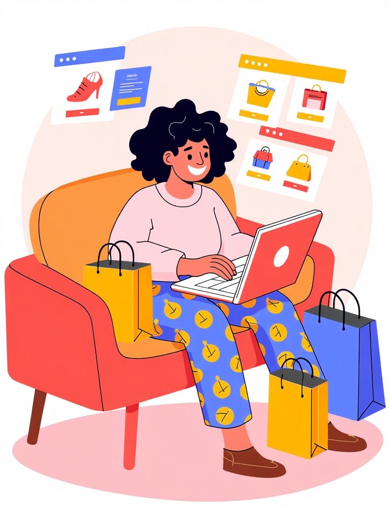  a young woman sitting on a red armchair with a laptop in front of her. She is wearing a pink sweater and blue patterned pants with yellow polka dots. She has curly black hair and is smiling as she works on the laptop. There are several shopping bags scattered around her, including a yellow shopping bag and a blue shopping bag. Above her head, there are several icons representing different types of shoes and accessories. The background is white.