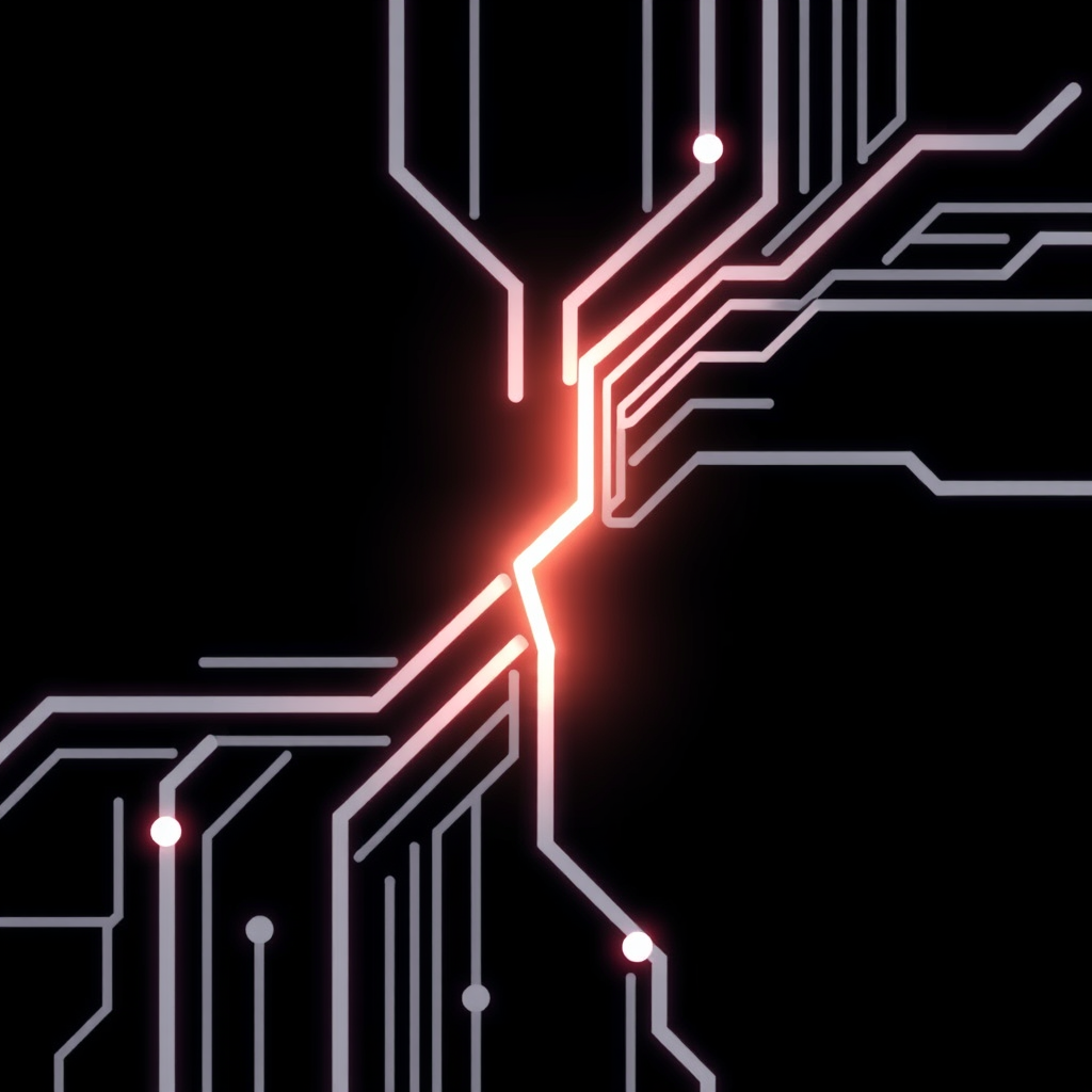 A segment of a digital circuit, like a circuit board trace or data stream, with a clear break being bridged by a glowing line or a 'repair' module graphic.