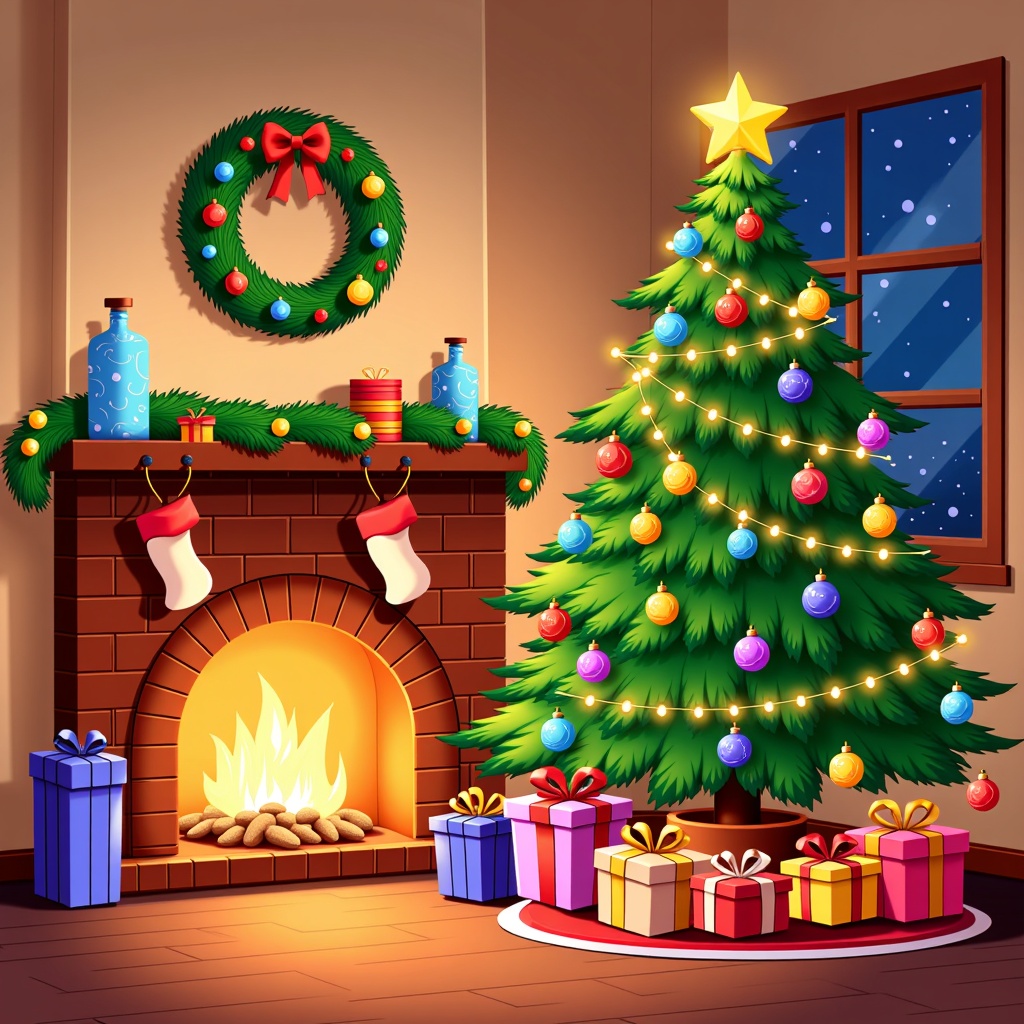 The image shows a cozy living room with a Christmas tree decorated with colorful balls, lights, and a star on top, surrounded by gift boxes on the floor. On the left side of the image, there is a fireplace with a wreath, bottles, socks, and other objects on the mantle. In the background, there are walls and a window, creating a warm and inviting atmosphere.