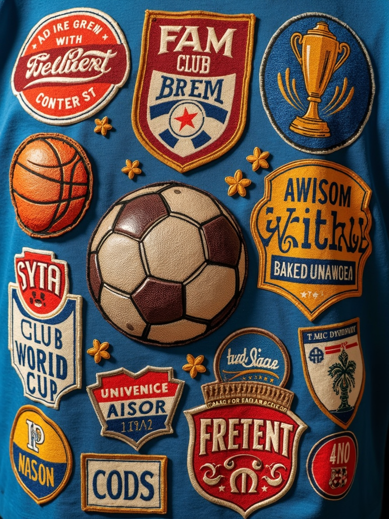 Retro Patch Collection: Design featuring a collection of printed patches (or print to look like patches) that evoke a well-loved souvenir garment. Patches could include a vintage football, the year '2025', a classic trophy icon, and 'FIFA Club World Cup' text in a retro font.