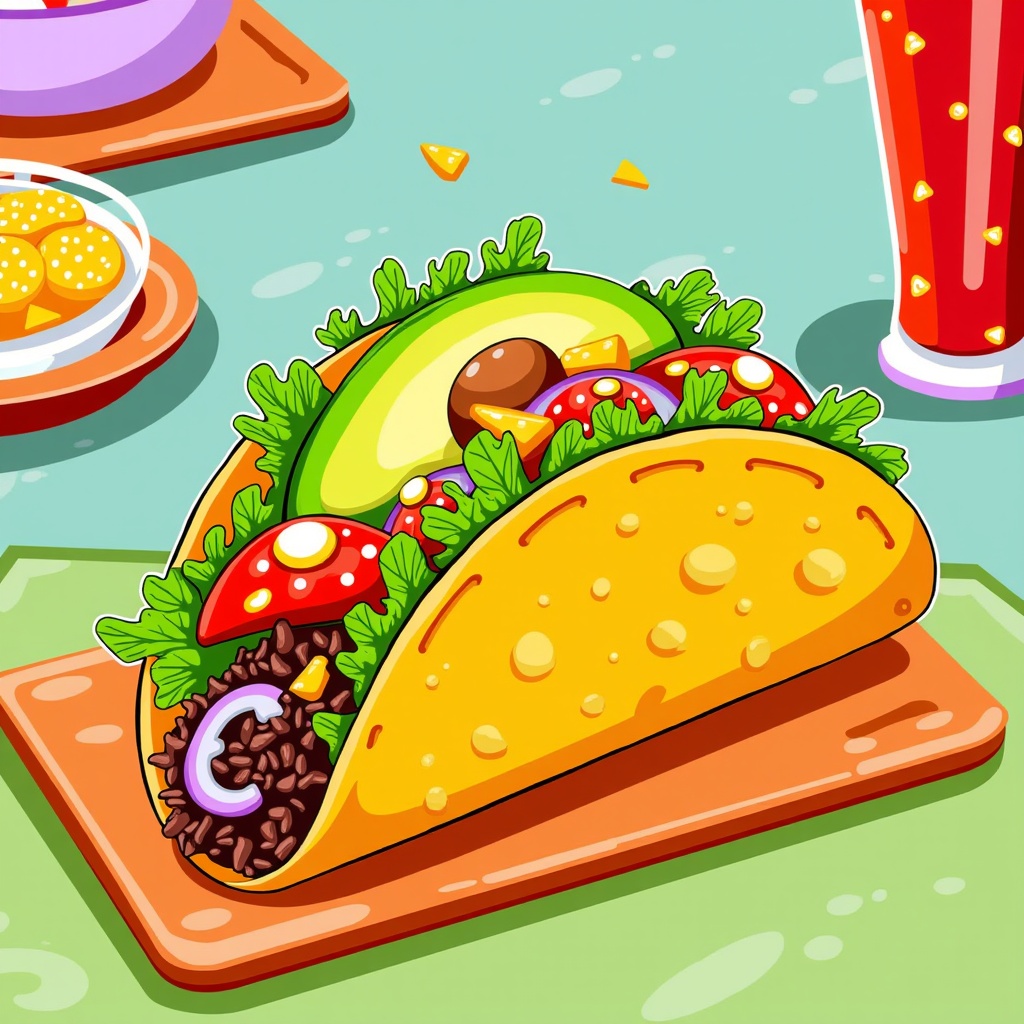  a colorful taco on a wooden cutting board. The taco is filled with a variety of ingredients, including lettuce, tomato, onion, and cheese. There is also a slice of avocado on top of the taco. On the right side of the image, there is a glass of red soda. The background is a light green color, and there are other food items scattered around the table.