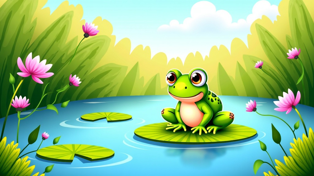 The image is a digital illustration of a green frog sitting on a lily pad in a pond. The frog is sitting on the edge of the pond with its legs crossed and its arms resting on its lap. It has big, round eyes and a big smile on its face. The pond is surrounded by lush greenery and pink water lilies. The background is a bright blue sky with white clouds. The overall mood of the image is cheerful and peaceful.