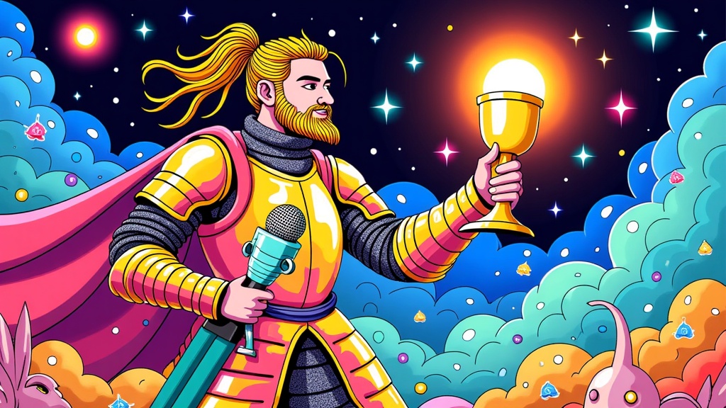 A more fantastical 'Quest for the Grail' theme. Post Malone as an adventurer knight on a quest, traversing a mystical landscape. The 'Grail' could be a glowing microphone or a vinyl record. The artwork could blend traditional medieval art styles with modern illustration techniques.