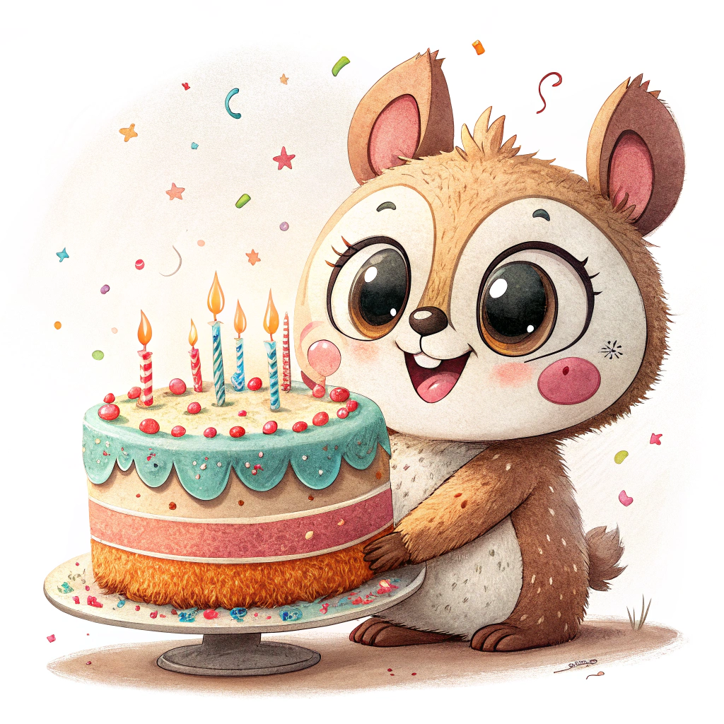 A sticker featuring a cute, animated character holding a birthday cake with candles.