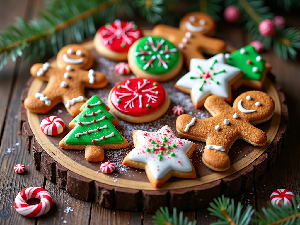  a wooden plate with a variety of Christmas-themed cookies on it. The plate is placed on a wooden table with a spruce branch and candy canes scattered around it. There are six cookies in total, including a gingerbread man, a Christmas tree, a star, a snowflake, and a candy cane. The cookies are decorated with red and green icing and sprinkles. The background is blurred, but it appears to be a rustic wooden surface. The overall mood of the image is festive and cozy.