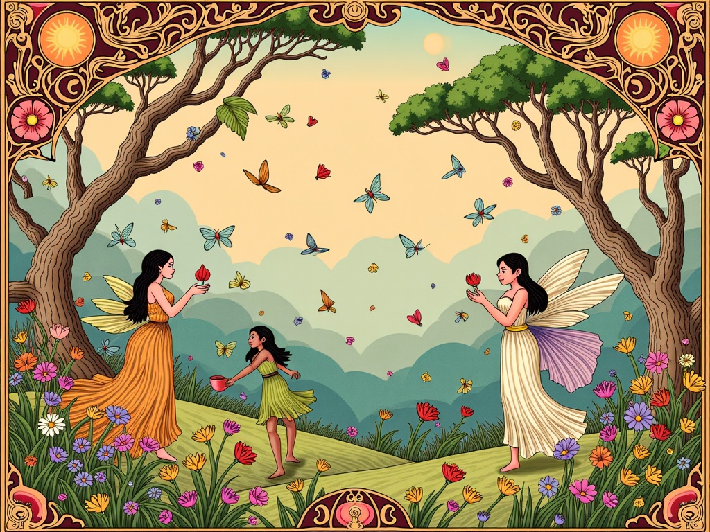 Concept 5: 'Art Nouveau Fantasy'. An AI designs a poster for a fantasy film with elegant, flowing lines, intricate floral motifs, and stylized figures inspired by Alphonse Mucha, applied to mythical creatures and enchanting landscapes.