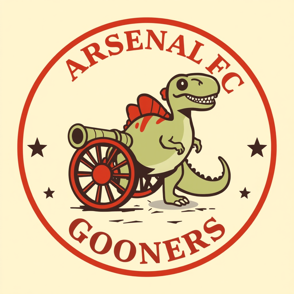 Sub-Design Idea 4: A retro-inspired circular or uniquely shaped badge that features an illustrative Goonersaurus alongside the cannon, perhaps with vintage typography for 'Arsenal FC' and 'Gooners'.