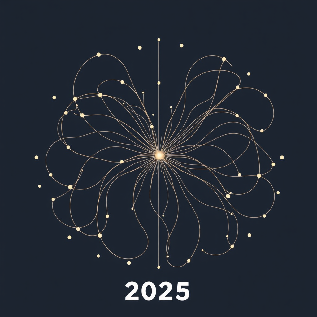 Sub-Design Idea 2: Interwoven Network Streams - Utilize flowing, abstract lines originating from a central point, branching and intertwining to form an increasingly dense and expansive network visual, representing growth leading to 2025.