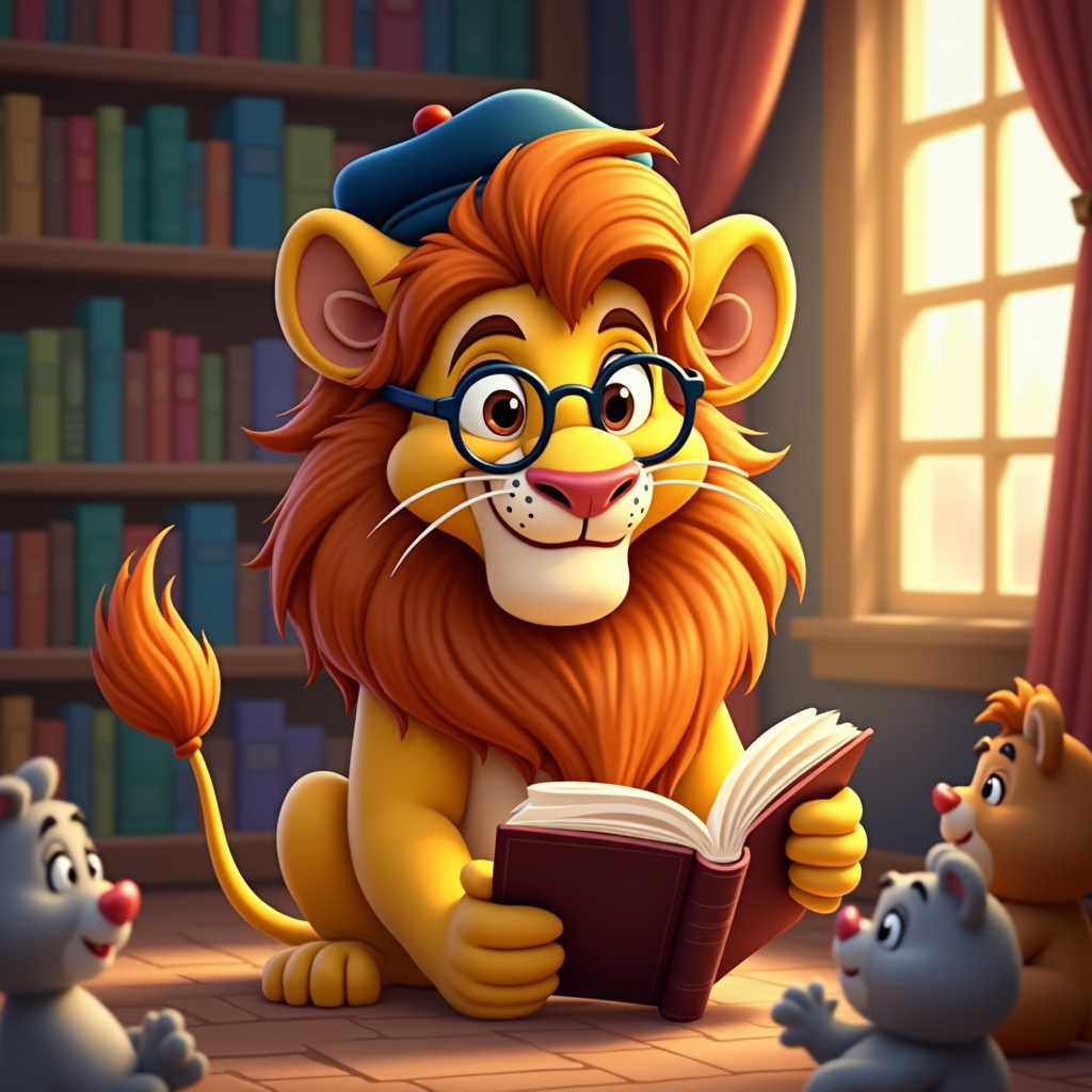 A cartoon lion with a long, flowing mane and spectacles, holding a book, suggesting wisdom and knowledge.