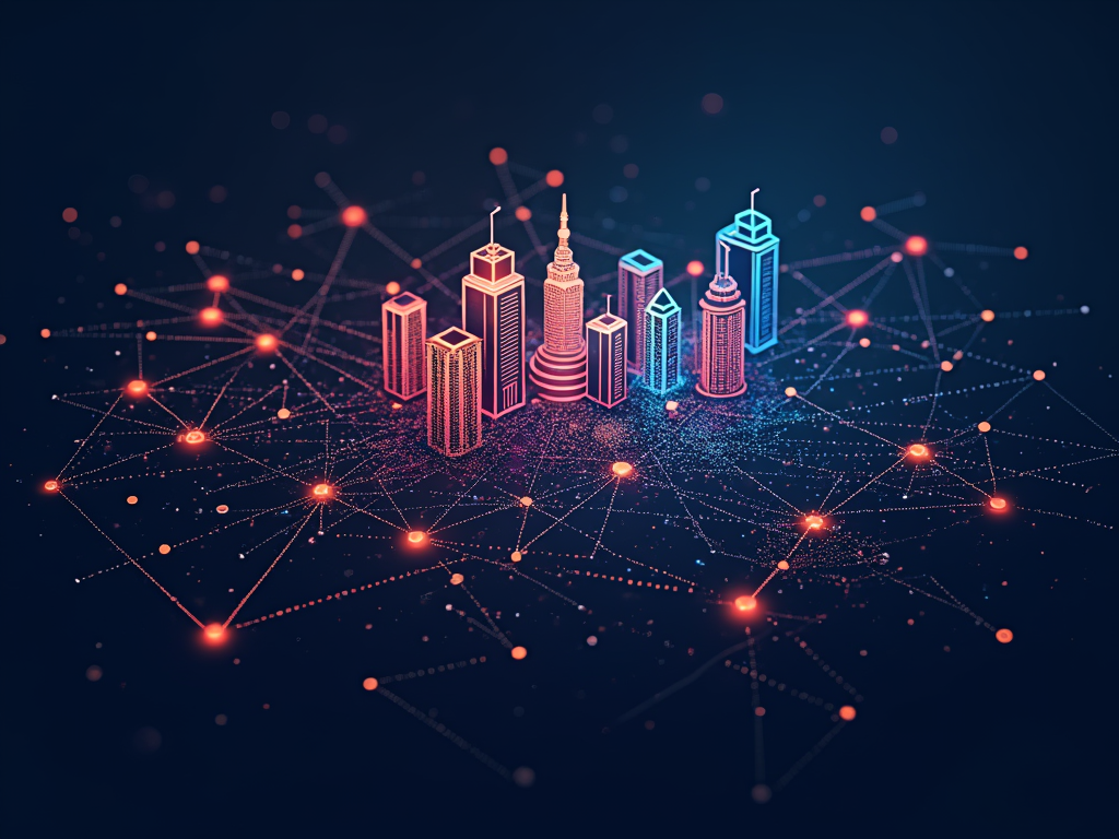 Design showing connected nodes, some representing physical locations (buildings) and others representing digital spaces (clouds/pixels), forming a network.
