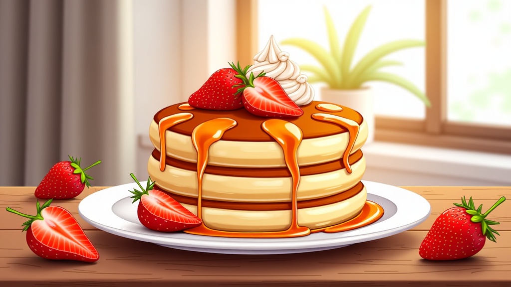  a stack of pancakes on a white plate. The pancakes are golden brown and appear to be freshly made. On top of the pancakes, there are fresh strawberries and a dollop of whipped cream. The plate is drizzled with caramel sauce. There are also a few whole strawberries scattered around the plate. In the background, there is a window with white curtains and a potted plant. The overall color scheme of the image is warm and inviting.