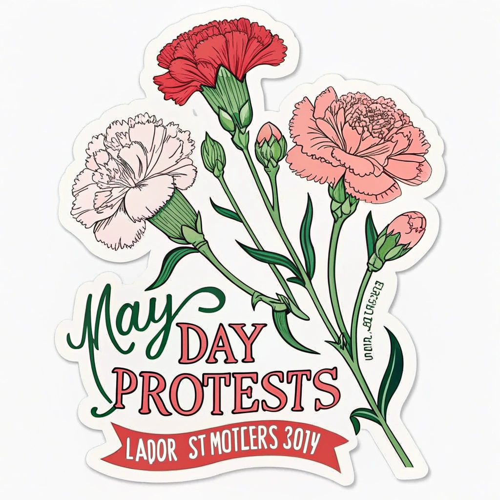 Translated text: May Day Protest Stickers - Blooming Carnations for Labor Rights