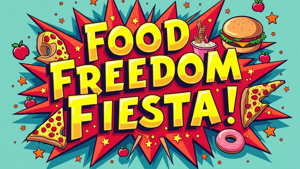 Cravings Carnival Explosion: A vibrant, cartoonish explosion of popular 'forbidden' foods (pizza slices, donuts, ice cream cones, burgers) with the text 'Food Freedom Fiesta!' arched above in a playful, energetic font. Colors should be bright and celebratory.