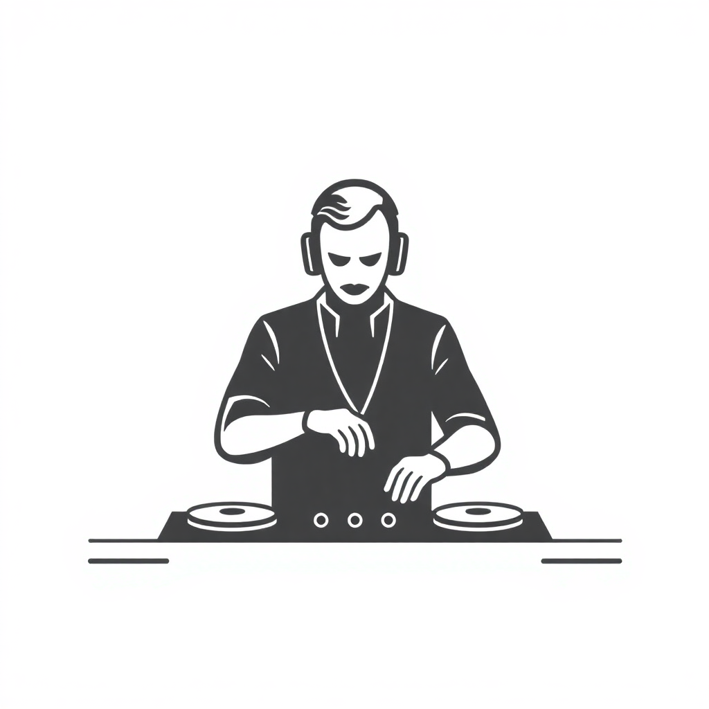 The image is a black and white illustration of a DJ playing music on a turntable. The DJ is wearing a suit and has a headset on his head. He is standing in front of the turntables and appears to be in the middle of mixing music. His hands are on the decks and he is focused on the music. The image is simple and minimalistic, with no other elements in the background.