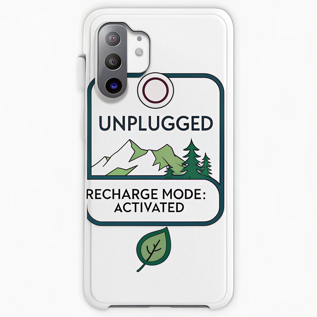 Sticker Design: A design mimicking a smartphone's toggle switch, clearly switched to an 'OFFLINE' or 'UNPLUGGED' state. Accompanying text: 'Recharge Mode: ACTIVATED' with a small nature icon (e.g., leaf, mountain).
