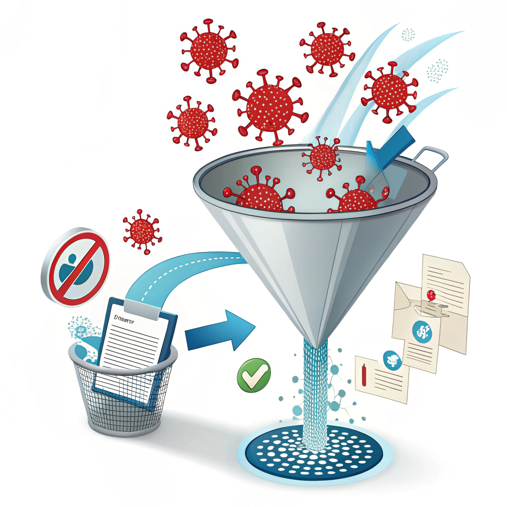 A sticker illustrating a dynamic filtering mechanism, like a futuristic sieve or funnel. Malicious data (represented by icons like pixelated virus bugs or red warning symbols) is caught, while clean data (represented by neat files or blue checkmarks) passes through smoothly.