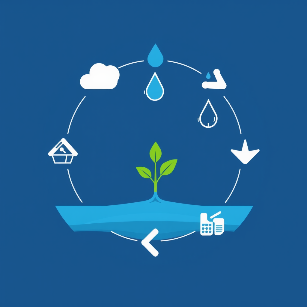 Sub-Design Idea 3: A modern, clean emblem illustrating the water cycle (simplified icons for evaporation, clouds, rain, collection) in a continuous circular flow, with a small green sprout at the center being visibly nurtured, highlighting sustainability and water's cyclical importance.
