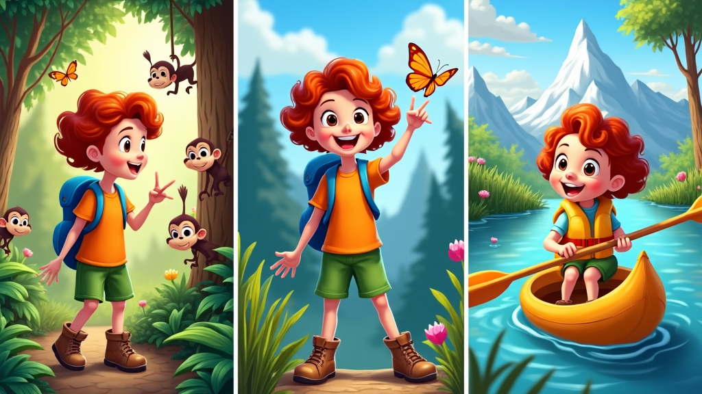 A series of scenes showing Ellie engaging in different activities, such as exploring a jungle, climbing a mountain, or sailing on a river, all in a lighthearted, cartoon style.