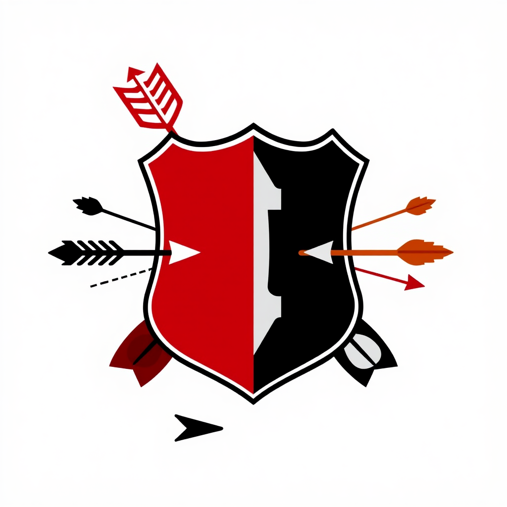 Sub-design 1: Split Icon - Shield & Arrows. One half features a shield deflecting an incoming arrow (Protectionism), the other half shows arrows flowing freely in both directions (Free Trade). A clear visual dichotomy.