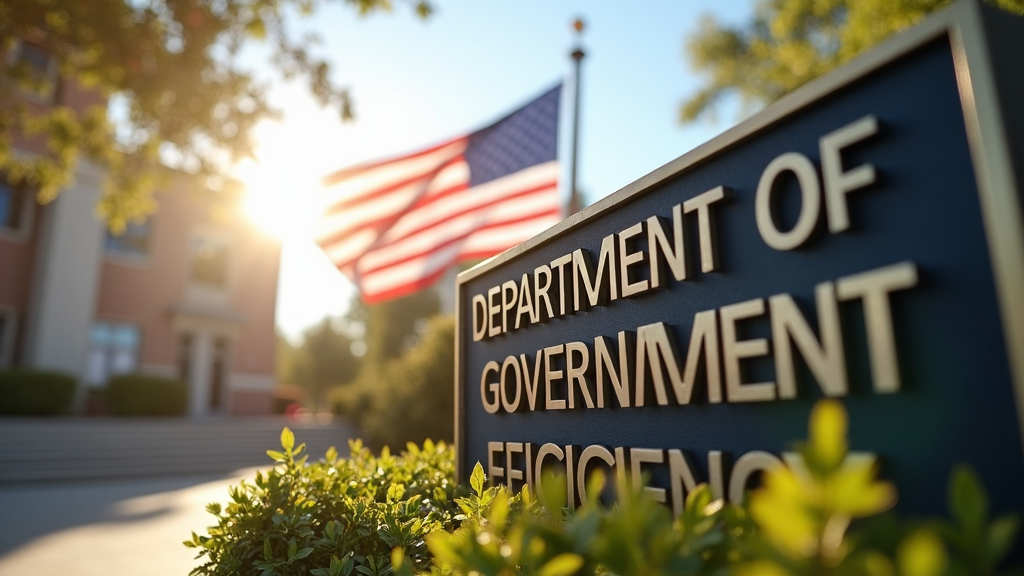 Close-up of the Department of Government Efficiency sign atop the entrance, bathed in sunlight, with the American flag waving proudly in the background.